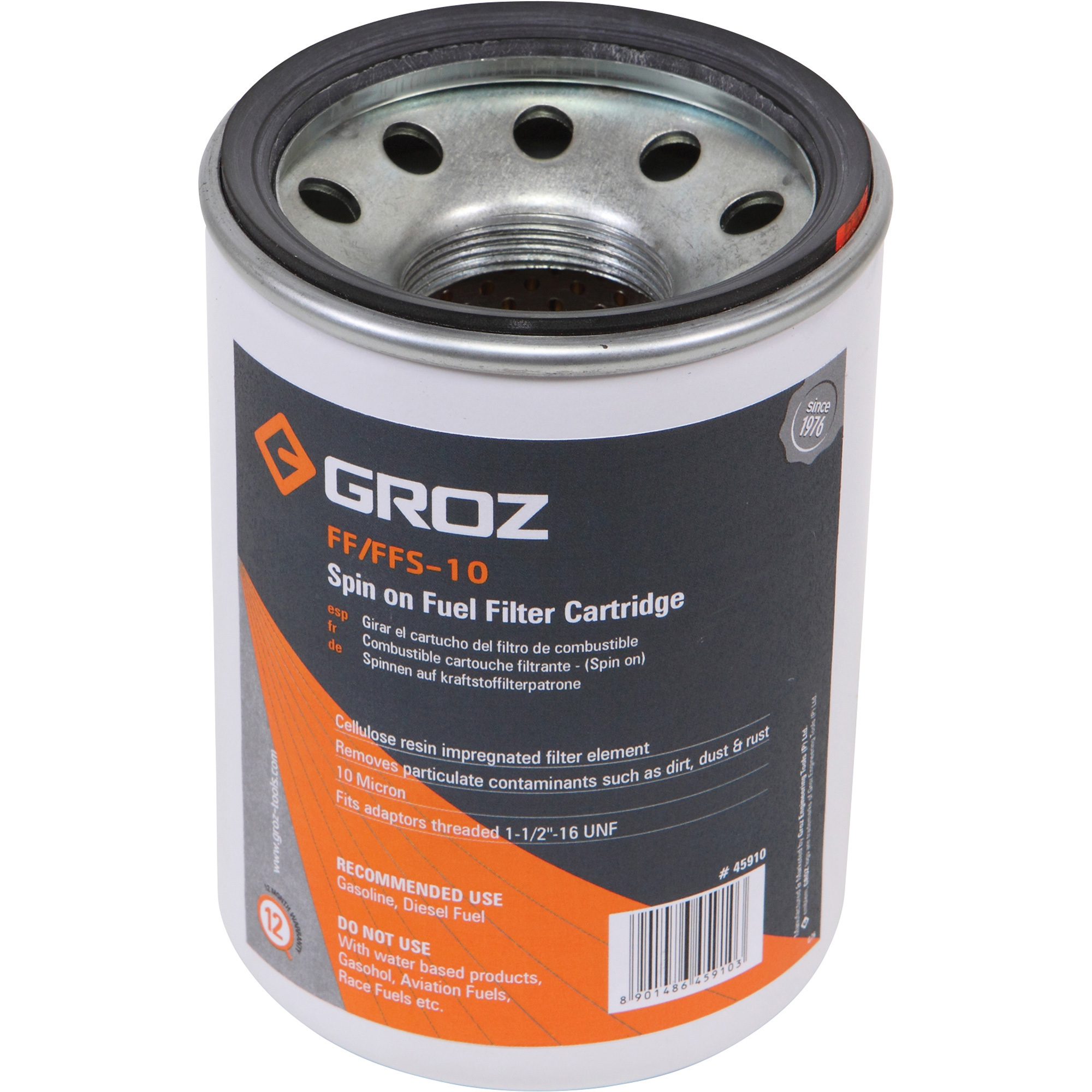 GROZ Spin On Fuel Filter Replacement Cartridge, 10 Micron, 20 GPM, 1 1/2in.-16 UNF Thread, Model# FF/FFS/10